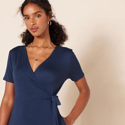 Amazon Essentials Women's Short Sleeve V Neck Faux-Wrap Dress, Fitted - color: Navy, size: Large