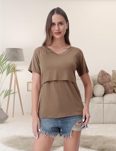 Rnxrbb 4 Pack Nursing Tops for Women Postpartum Breastfeeding Shirts - color: Black&light Gray&brown&gray Stripe, size: X-Large