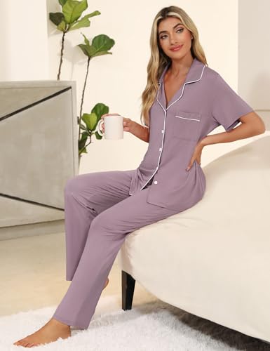 Senert Womens 2 Piece Pajamas Set Button Down Top and Pants Soft Sleepwear - color: Violet, size: Medium