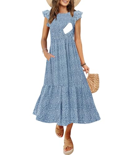 CzzzyL Women's Nursing Dress Flutter Sleeve Crew Neck Smocked Midi Pockets - color: Floralblue, size: Small