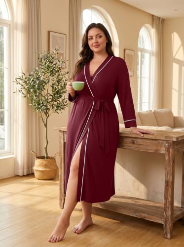 OLRIK Womens Plus Size Robe Long Knit Bathrobe V Neck Loungewear - color: Wine Red, size: 3X