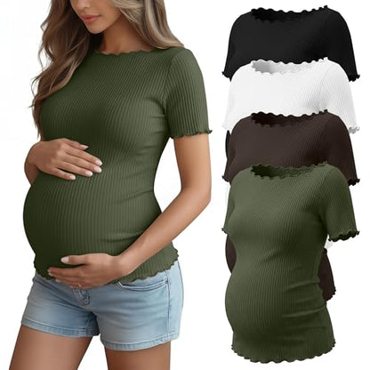 4 Pack Women's Maternity Ribbed Shirts - color: Black, White, Brown, Army Green, size: Small