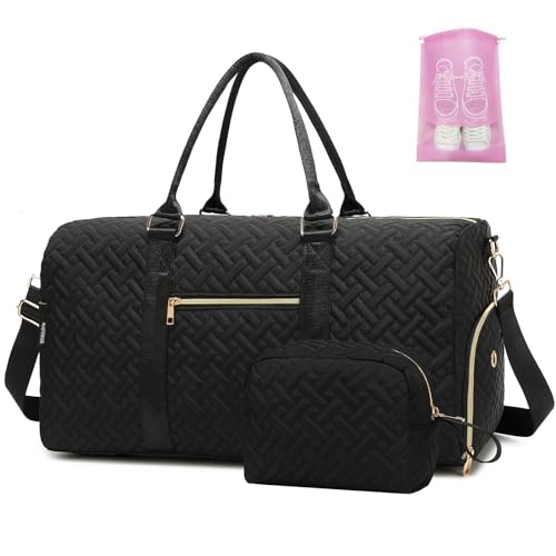 Duffle Bag for Travel, Weekender Bag with Shoe Compartment, Carry On Overnight Bag for Women with Toiletry Bag, 50L Gym Bag with Wet Pocket, Hospital Bags for Labor and Delivery Pink - color: style2-Black, size: Regular