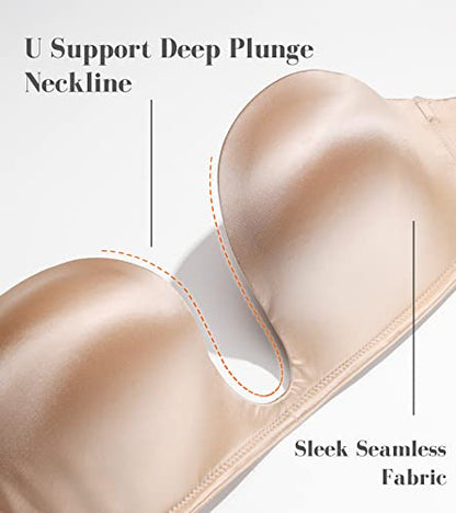 HACI Plunge Deep U Strapless Bra Push Up Demi Everyday Seamless Underwire - color: Beige, size: 34D