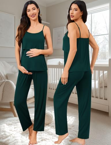 SWOMOG Maternity Nursing Robe Set 3 PCS Postpartum Pajamas Breastfeeding Pregnancy Robe & Camisole & Pants - color: Emerald Green, size: Large