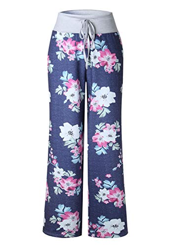 iChunhua Women's Comfy Stretch Floral Print Drawstring Palazzo Wide Leg Lounge Pant - color: Blue-white Flower, size: Medium