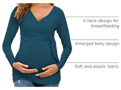 Glampunch Maternity Shirts Short & Long Sleeve Wrap Maternity Tops - color: 19-peacock Blue, size: Small