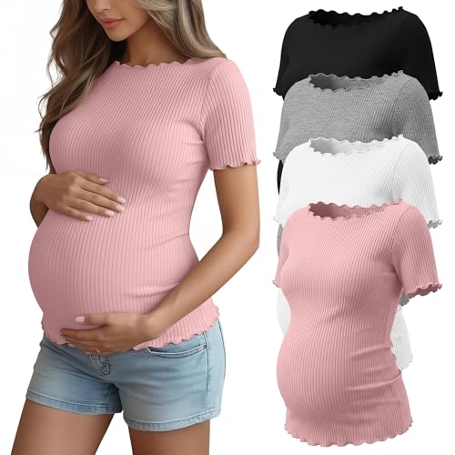 4 Pack Women's Maternity Ribbed Shirts - color: Black, Light Heather Gray, White, Light Pink, size: Small