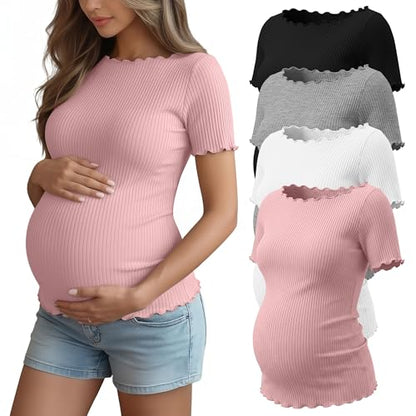 4 Pack Women's Maternity Ribbed Shirts - color: Black, Light Heather Gray, White, Light Pink, size: Small
