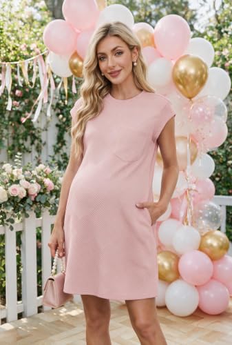 OUGES Women's Summer Casual Cap Sleeve Mini Maternity Dress with Pockets - color: Deep Pink, size: Large