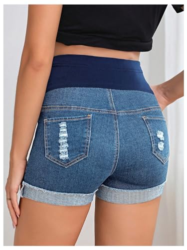 BEAUDRM Women's Maternity Adjustable High Waist Denim Mini Shorts - color: Medium Wash, size: XX-Large