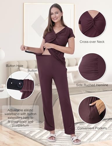 3-Piece Maternity Nursing Pajamas Set for Pregnancy & Postpartum - color: Dark Purple, size: Medium