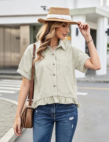 Flygo Womens Cropped Striped Button Down Shirts Ruffle Peplum Tops - color: Olive, size: X-Large