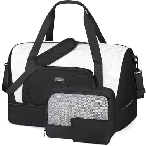 TIBES Travel Weekender Bag for Women, Overnight Bag with Shoe Compartment - color: S-White