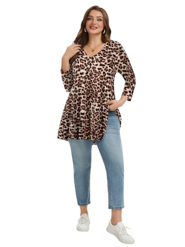 LARACE Plus Size Tunic Womens 3/4 Sleeve Tops V Neck Swing Loose Blouses - color: A-leopard08, size: Medium