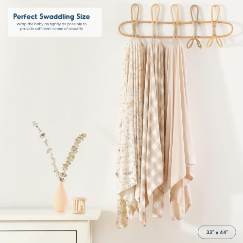 GRSSDER 3-Pack Ultra Soft Stretchy Jersey Knit Baby Swaddle Blankets, 33x44 - color: Bloom Bun & Gingham Check & Beige