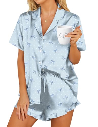 HOTOUCH Womens Satin Pajamas Set Button Down 2 Piece Ruffle Shorts Set - color: Blue Bowknot, size: X-Large