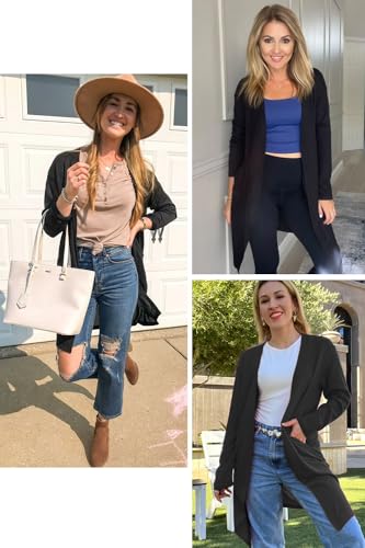 OUGES Women's Open Front Cardigan Shirt with Pockets Long Sleeve Lightweight Coat - color: Black, size: 3X-Large