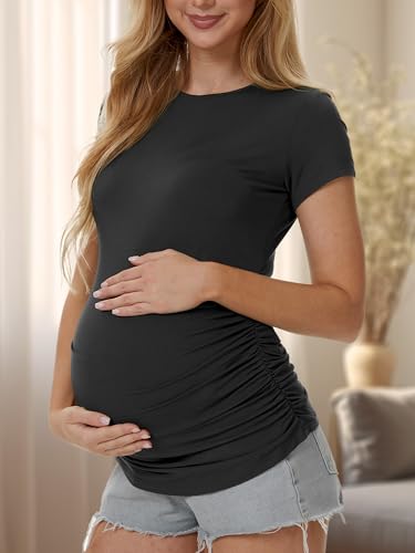 3 Pack Womens Maternity Shirts, Crew Neck Maternity Top Short Sleeve - color: Black/Light Grey/Dark Grey, size: Medium