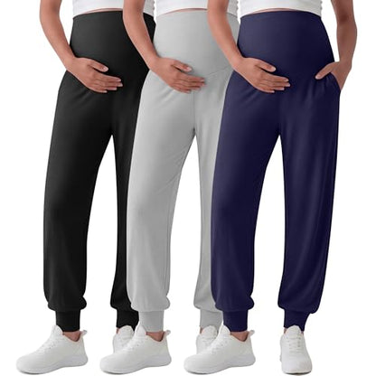 3 Pack Women's Maternity Pants Pregnancy Joggers - color: Navy Blue, Light Gray, Black, size: Small