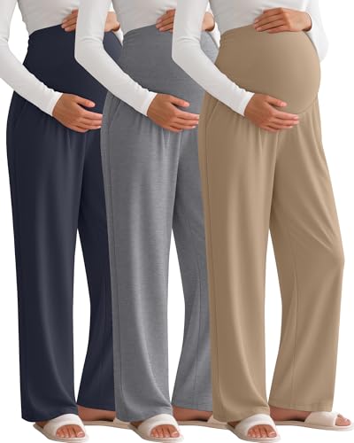 3 Pack Women's Maternity Lounge Pants with Pockets - color: Dark Gray, Light Gray, Khaki, size: Small
