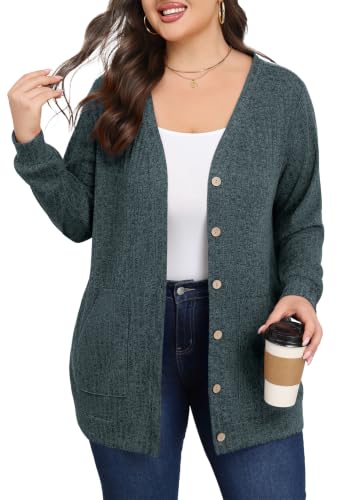 Lastshe Women Plus Size Cardigan Fall Thin Sweaters with Pockets 1X-5X - color: Dark Green, size: 1X