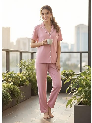Senert Womens 2 Piece Pajamas Set Button Down Top and Pants Soft Sleepwear - color: Bean Paste, size: Large