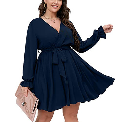 SCOMCHIC Women's Plus Size Long Sleeve Wrap V Neck A Line Mini Dress - color: Navy Blue, size: X-Large Plus