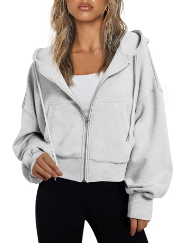 Trendy Queen Womens Zip Up Hoodies Cropped Jackets Fall Outfits 2026 - color: Grey, size: X-Small