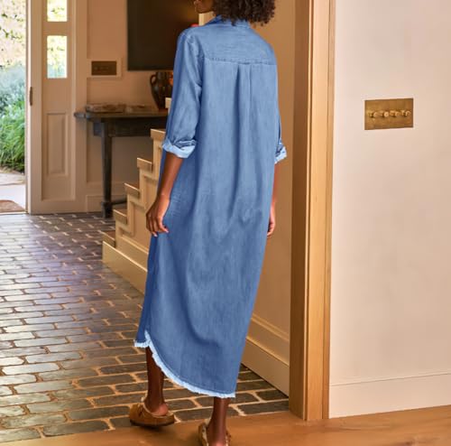 chouyatou Women's Spring Long Sleeve Button Down Denim Shirt Dress Lapel Distressed Midi Long Jean Shift Dress - color: Light Blue, size: Small