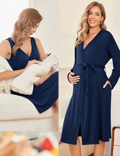 Ekouaer Maternity Nursing Gown and Robe Set Labor Delivery Nightgowns - color: Navy Blue, size: X-Large