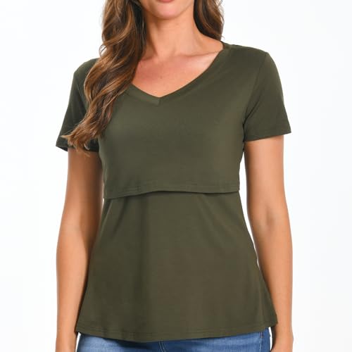 Bearsland Womens 3 Packs V Neck Nursing Tops Maternity Breastfeeding Tee Shirts - color: Armygreen+blue+whitepoint(3pcs), size: Medium