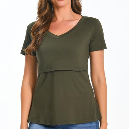 Bearsland Womens 3 Packs V Neck Nursing Tops Maternity Breastfeeding Tee Shirts - color: Armygreen+blue+whitepoint(3pcs), size: Medium
