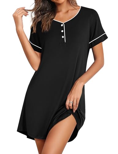 Ekouaer Women's Nightgowns Short Sleeve Nightshirt Soft Night Gown Ladies Nightdress Comfy Pajama Dress - color: Black, size: Small