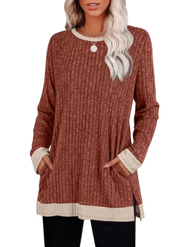 Sampeel Long Sleeve Shirts for Women Tunic Sweaters Fall Fashion Outfits - color: Caramel, size: X-Large