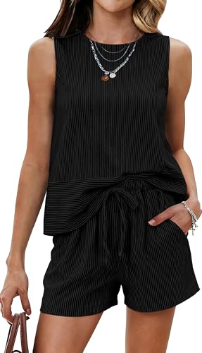 Ekouaer Two Piece Shorts Set for Women Summer Lounge Set Casual Outfits - color: Black, size: XX-Large