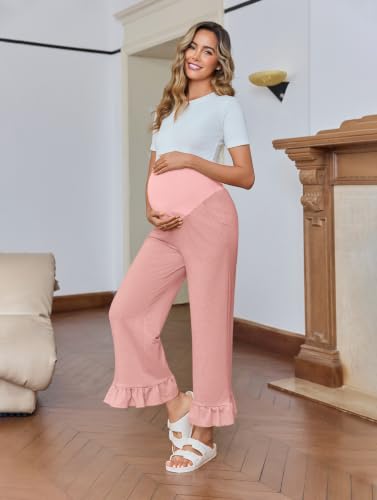 Yousify Womens Maternity Pants Ruffle Lounge Pregnancy Wide Leg Trousers - color: A-pink, size: Medium