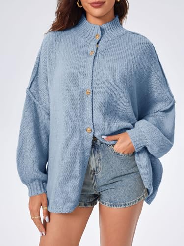 Saodimallsu Womens Oversized Cardigans Long Lantern Sleeve Button Down Chunky Knit Loose Fall Sweater Coats - color: Blue, size: Large