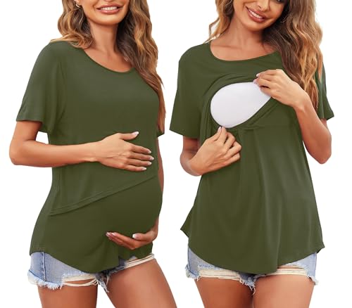 Women's Maternity Nursing Tops Soft Breastfeeding Shirts Pregnancy Tees - color: Army Green, size: Medium
