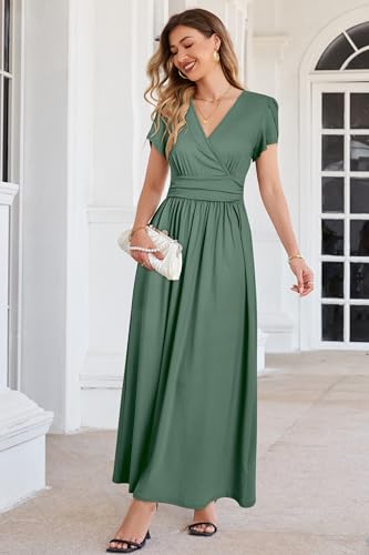 OUGES Women's Wrap V Neck Summer Maternity Photoshoot Dress with Pockets - color: Gray Green, size: Small