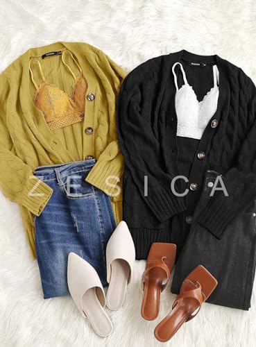 ZESICA Long Sleeve Button Down Open Front Cable Knit Cardigan Sweaters - color: Black2, size: Large