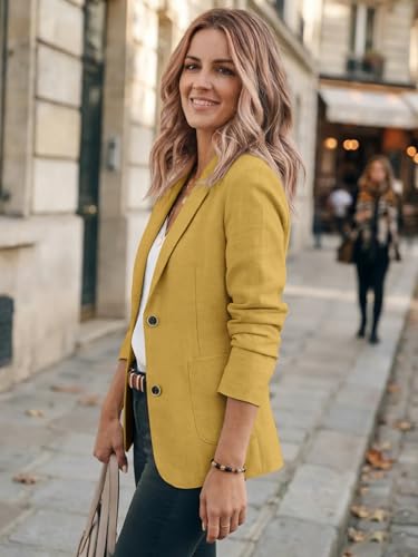IDEALSANXUN Cotton Linen Blazer for Womens Long Sleeve Loose Casual Blazer Jackets - color: A Yellow, size: Medium