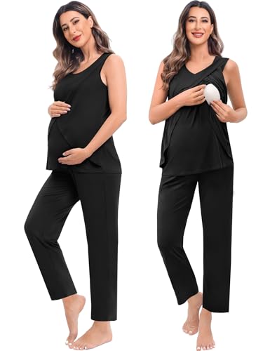 SWOMOG Maternity Nursing Robe Set 3 PCS Postpartum Breastfeeding Pajamas Hospital Pregnancy Pjs Double Layer Lounge Set - color: Black, size: Small