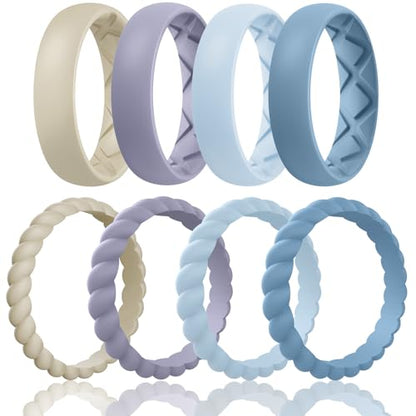 Egnaro Women's Stackable Silicone Rings, 2.5/5.5mm Wide 1.8/2mm Thick Bands - color: SETE4-Cream Beige, Cloudy Blue, Arctic Ice, Blue