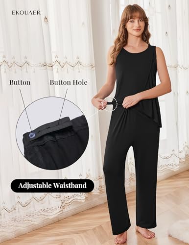 Ekouaer Maternity Pajamas Nursing Robe Set 3 Pieces Post Partum Lounge Sets - color: Black, size: Medium