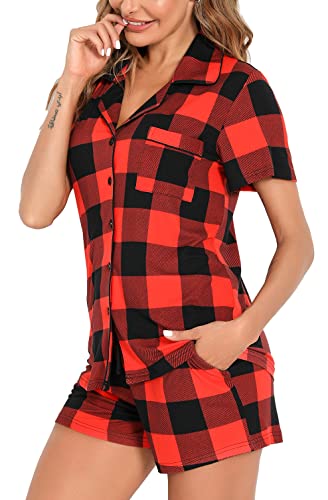 Samring Womens Pajamas Set Short Sleeve Button Down Sleepwear 2 Piece Pjs - color: Red and Black Plaid, size: Medium