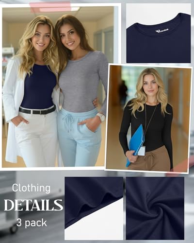 3 Pack Womens Long Sleeve Underscrub Shirts - color: Black, Light Gray, Navy Blue, size: XX-Large