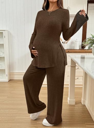 BLENCOT Maternity 2 Piece Outfits Ribbed Knit Long Sleeve Sets - color: Coffee, size: Large