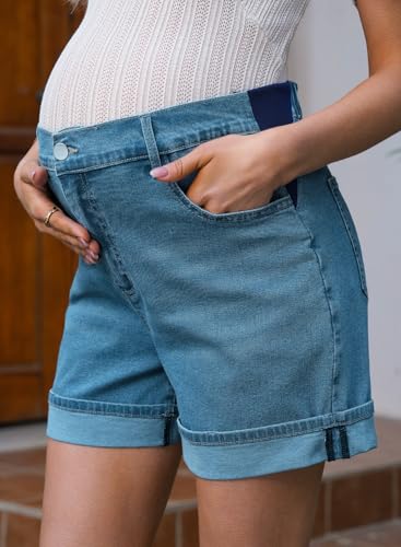 BLENCOT Women's Summer Maternity Jean Shorts Fold Hem Stretchy Denim Pants - color: Light Blue, size: Large