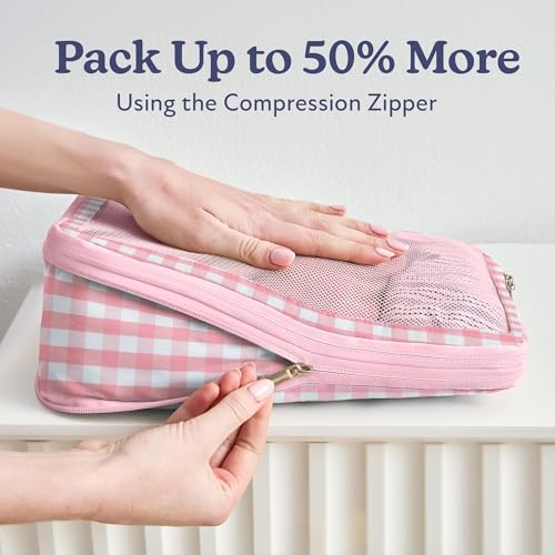 Vandel Space-Saving Compression Packing Cubes for Kids & Women, Carry On - color: 4. Pink Gingham, size: 4 Pack (Compression)